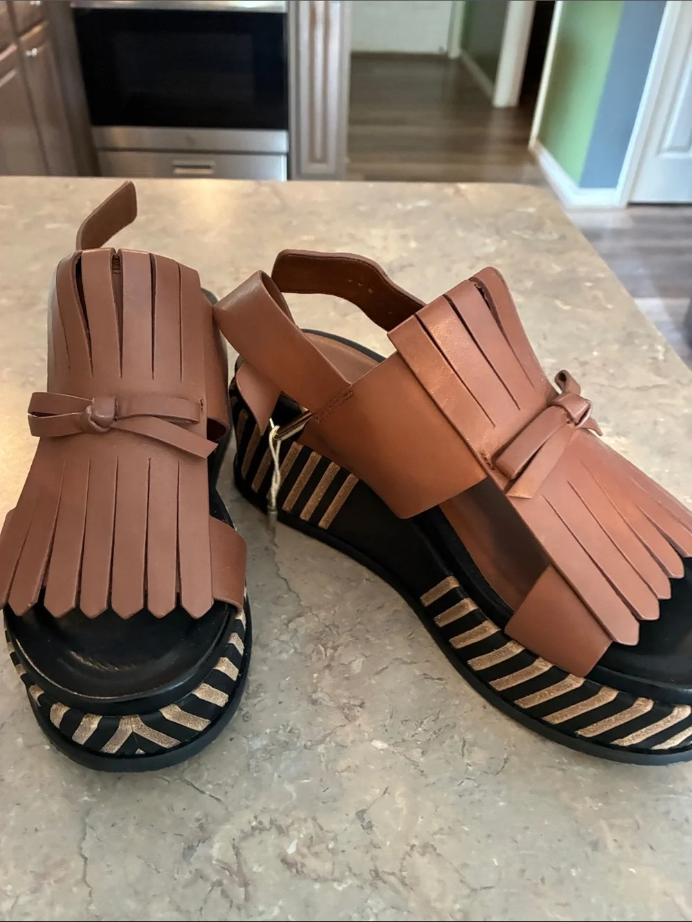 Women's Tan Platform Sandals with Fringe Cross-Strap